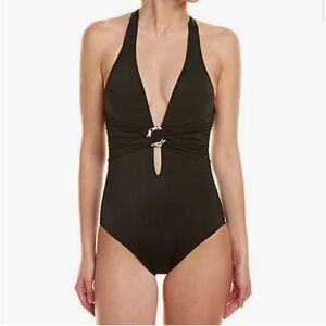 TRINA TURK Black and Gold Garden Party Crossback One Piece Swimsuit